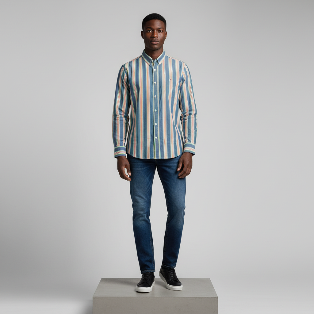 Blue Green Coral Striped Long-Sleeved Shirt - Model Shot