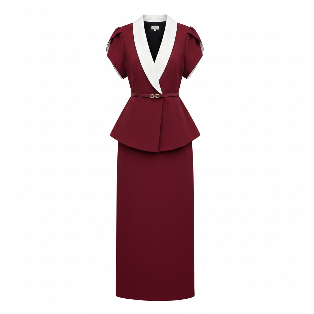 Women's white-collar peplum belted midi dress in burgundy – ghost mannequin front view