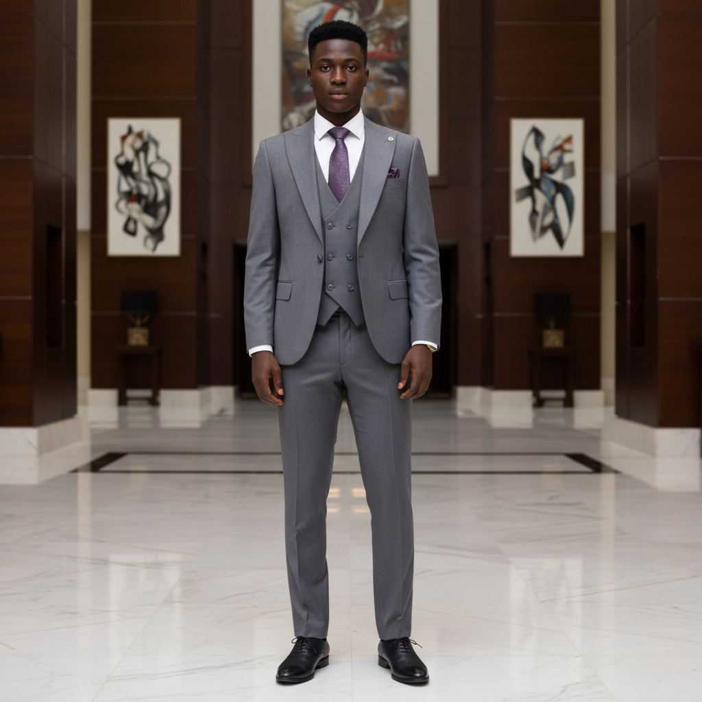 Young Nigerian male model wearing medium grey 3-piece suit with purple swirl tie and pocket square