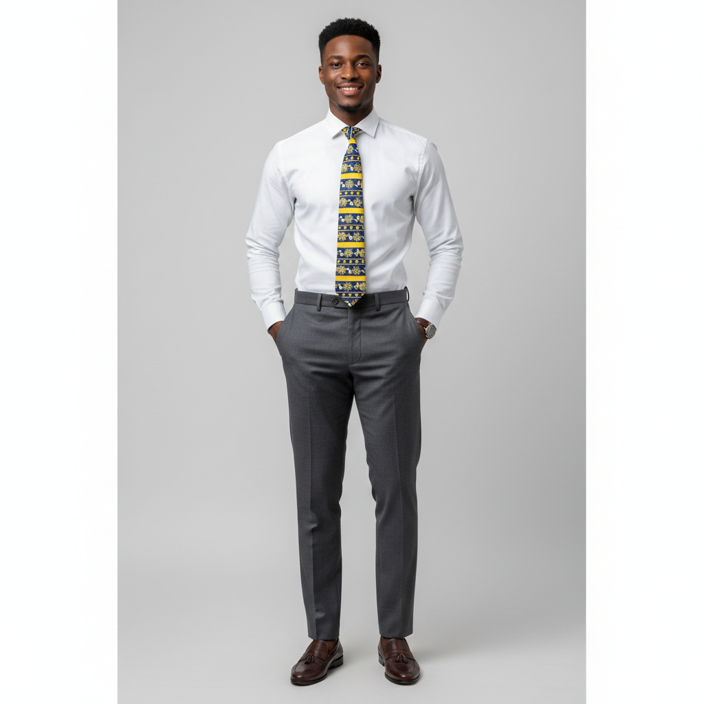 Nigerian male model wearing navy blue and yellow floral woven necktie with white shirt