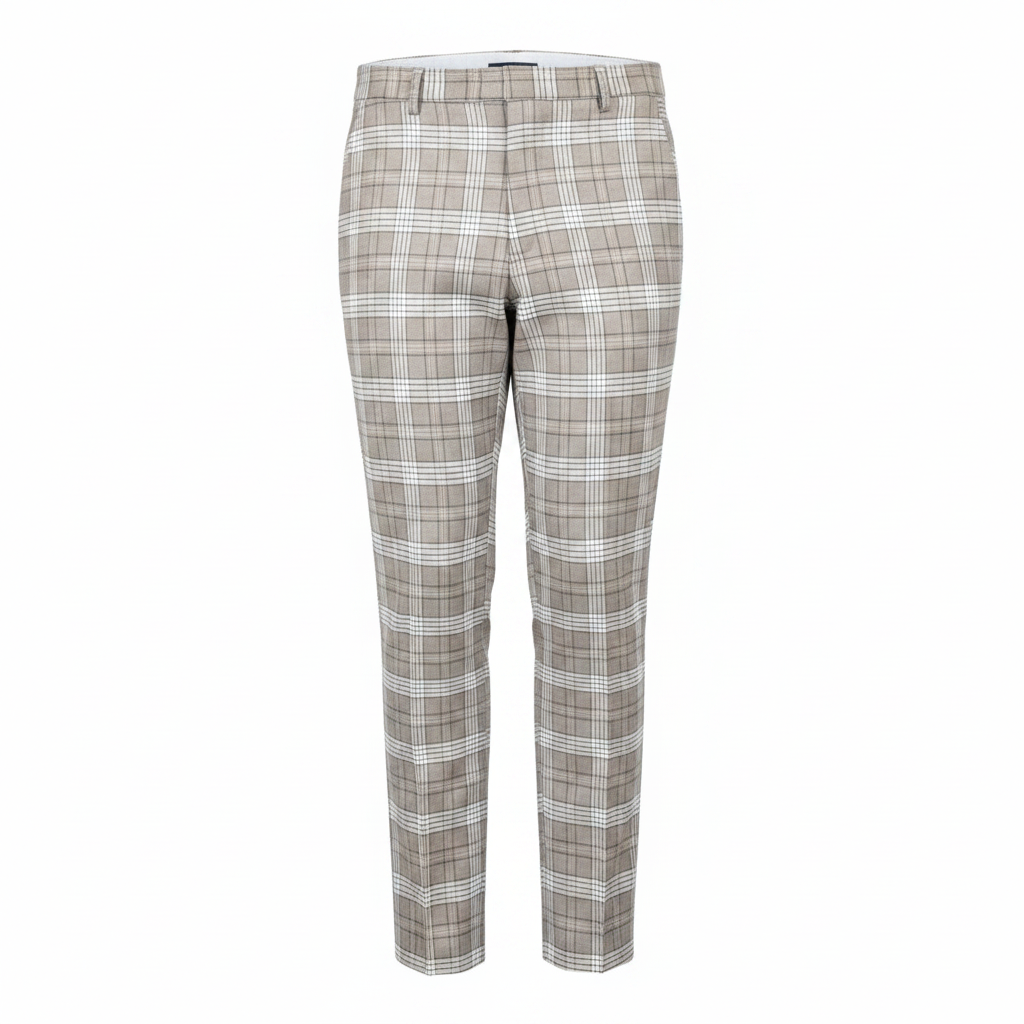 Beige Grey Plaid Trousers – Front Ghost Mannequin