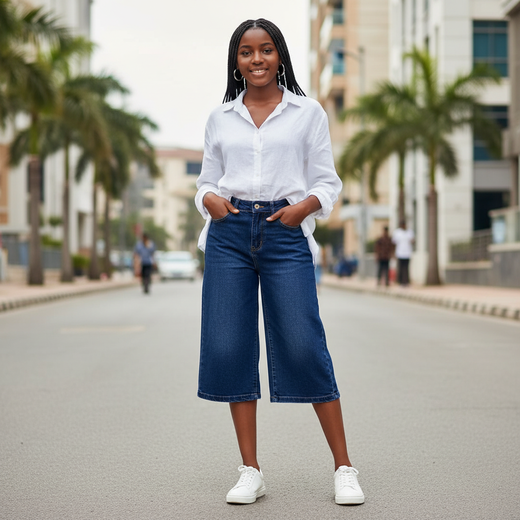 Nigerian teenage girl model wearing navy blue denim bermuda shorts