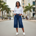 Nigerian teenage girl model wearing navy blue denim bermuda shorts