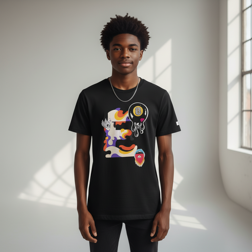 Nigerian teen model wearing black surreal graphic tee – front view