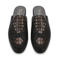 Pair of men’s black textured mule shoes with contrasting brown scale details