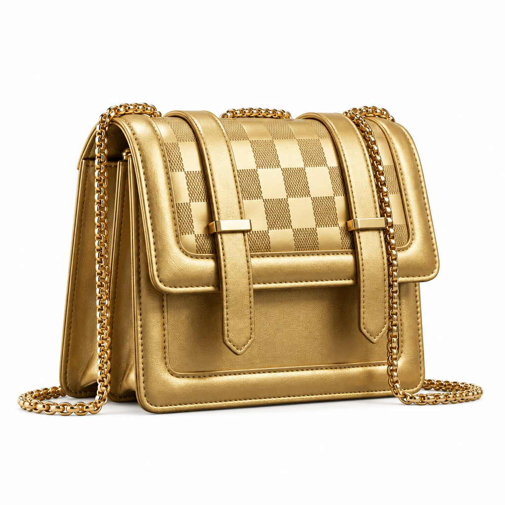 Metallic gold checker-panel chain shoulder bag on white background