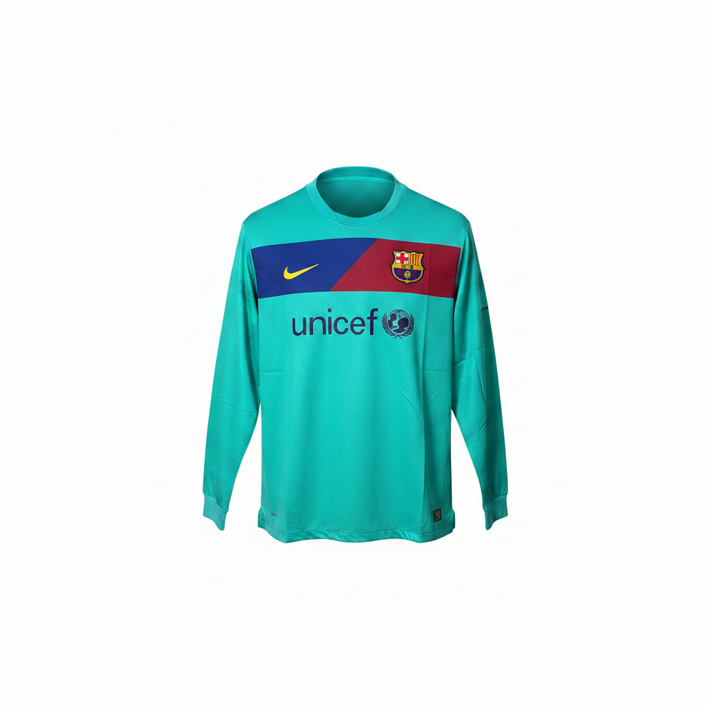 Teal long-sleeve retro football jersey with navy and red chest band — ghost mannequin front view