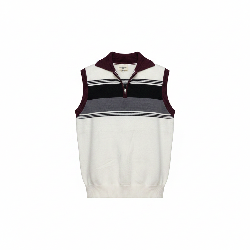 Color-block quarter-zip sweater vest ghost mannequin front view — off-white, burgundy, slate grey