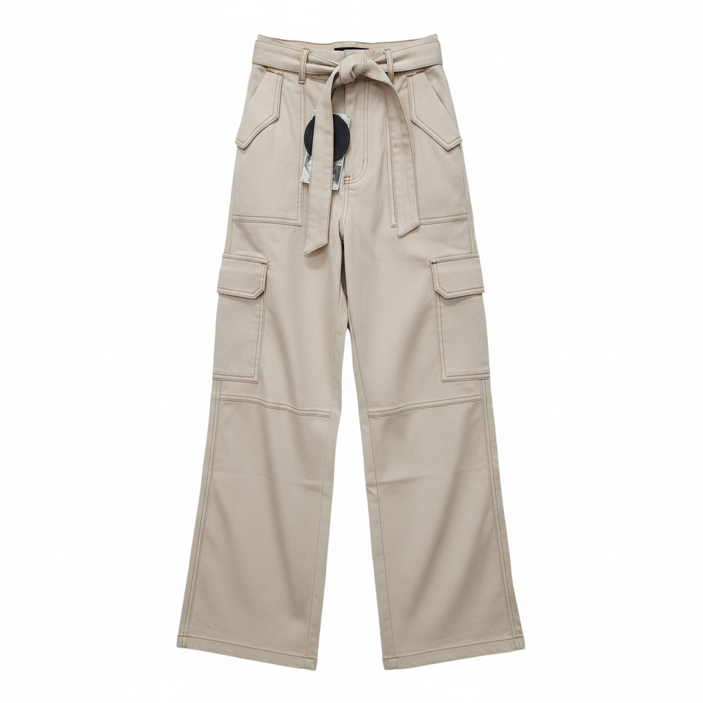Ghost mannequin view of Women's Cream Wide-Leg Baggy Cargo Trousers
