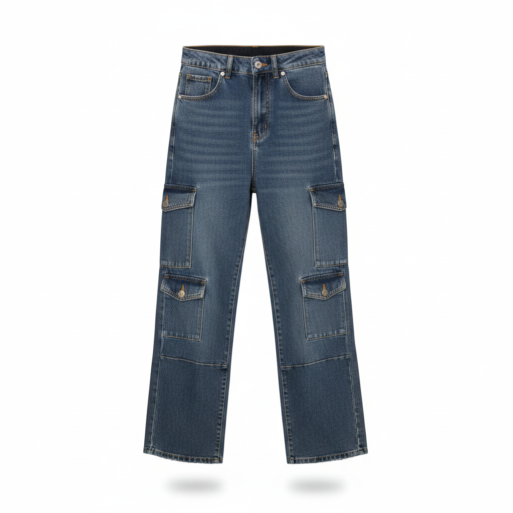 Ghost mannequin front view – Women's Dark Blue Cargo Denim Jeans High-Rise Multi-Pocket