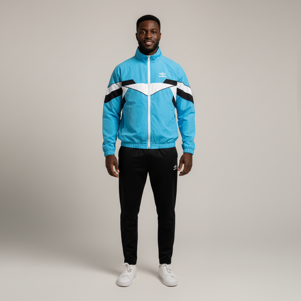 Model wearing the cyan blue colourblock track jacket