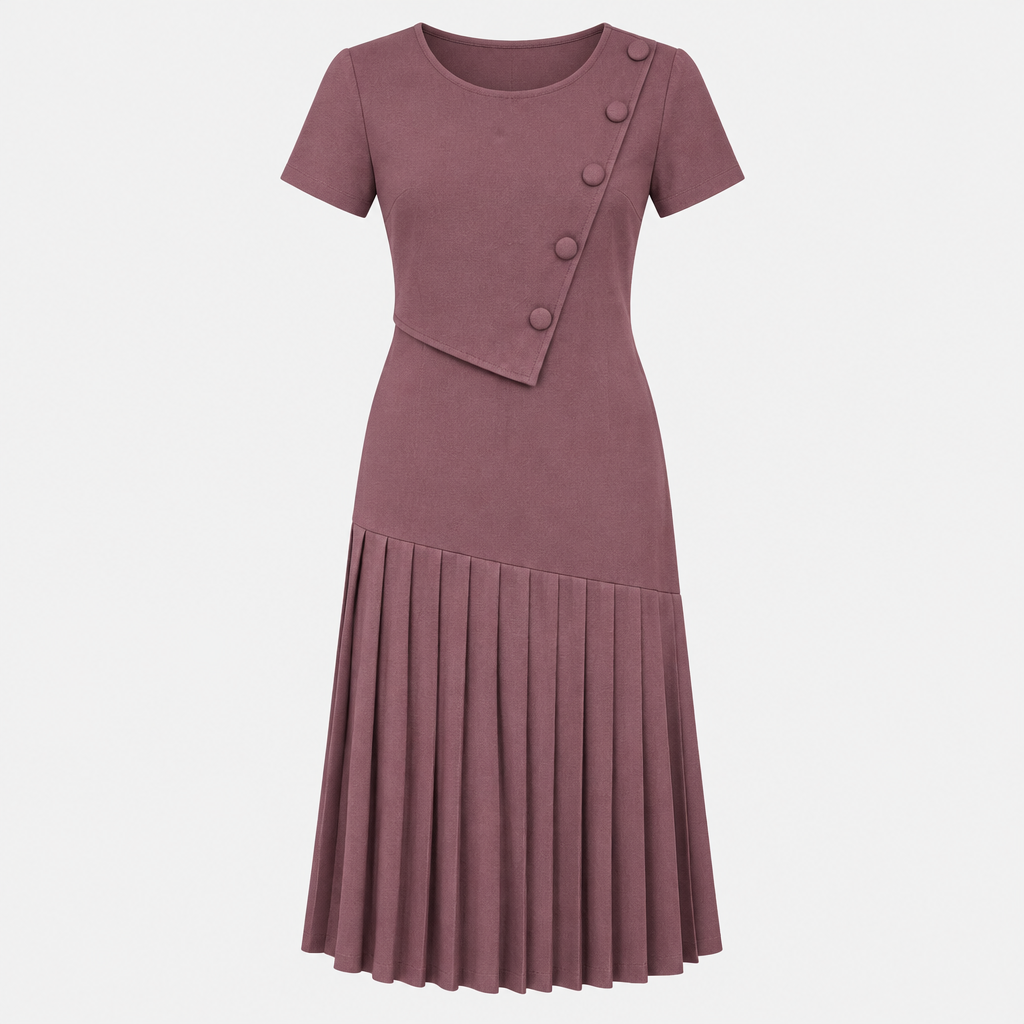 Dusty mauve midi dress with five covered buttons and pleated hem
