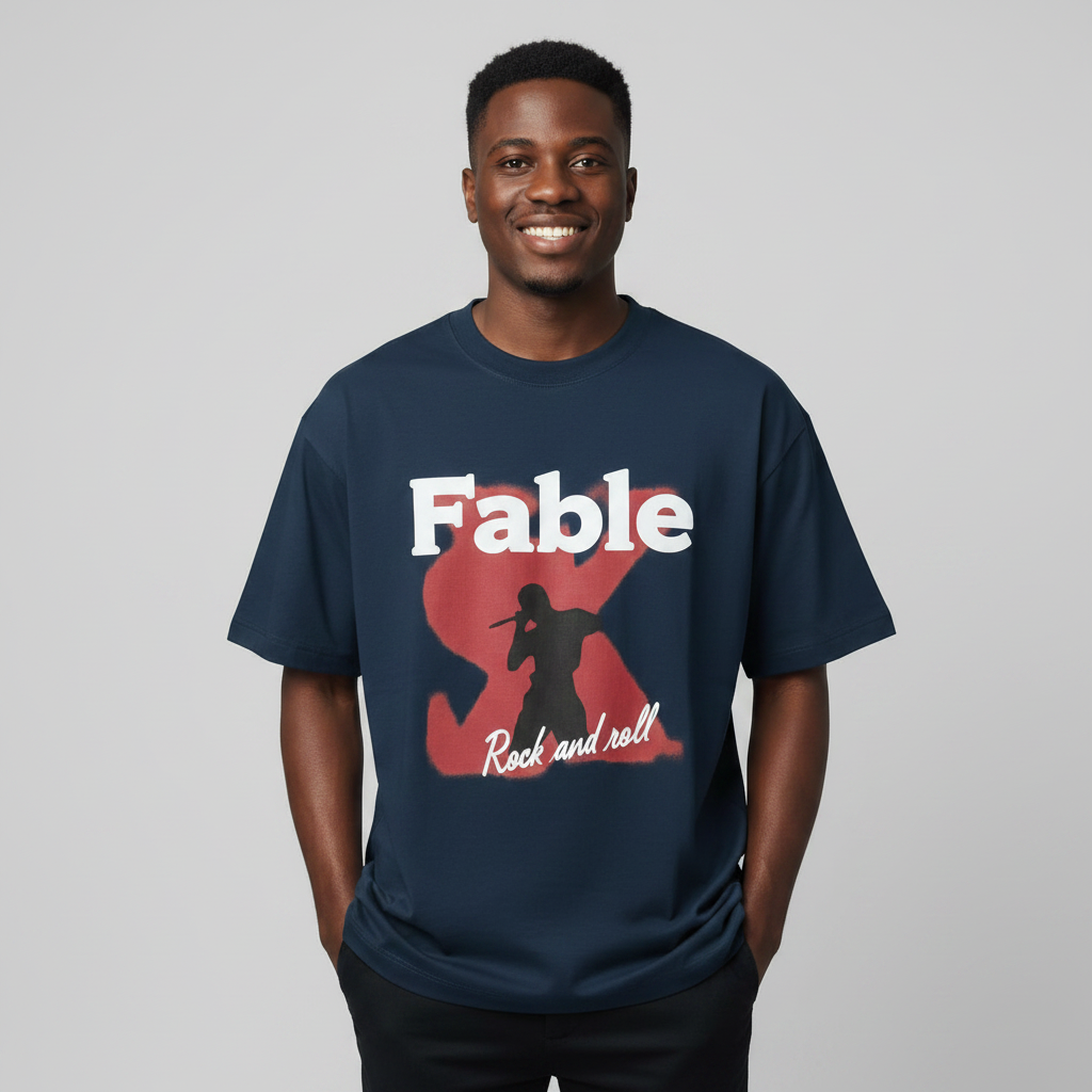 Navy Fable Rock and Roll Oversized Tee - Model Front