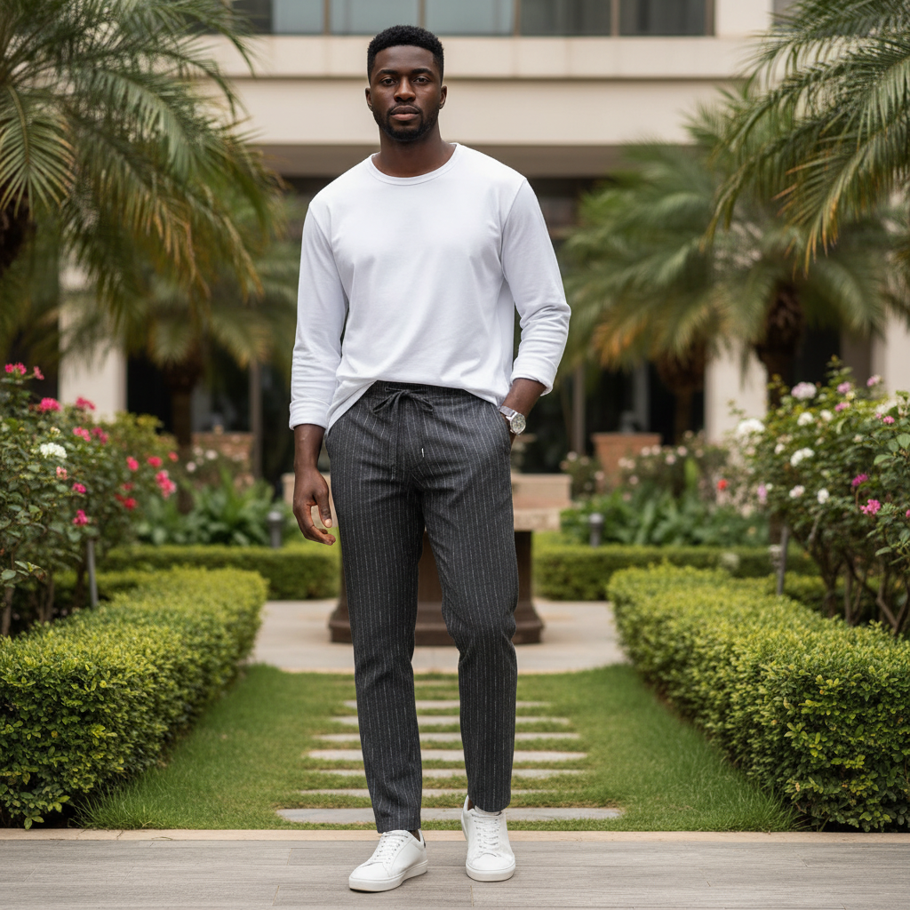 Nigerian male model wearing dark grey pinstripe trousers in outdoor setting
