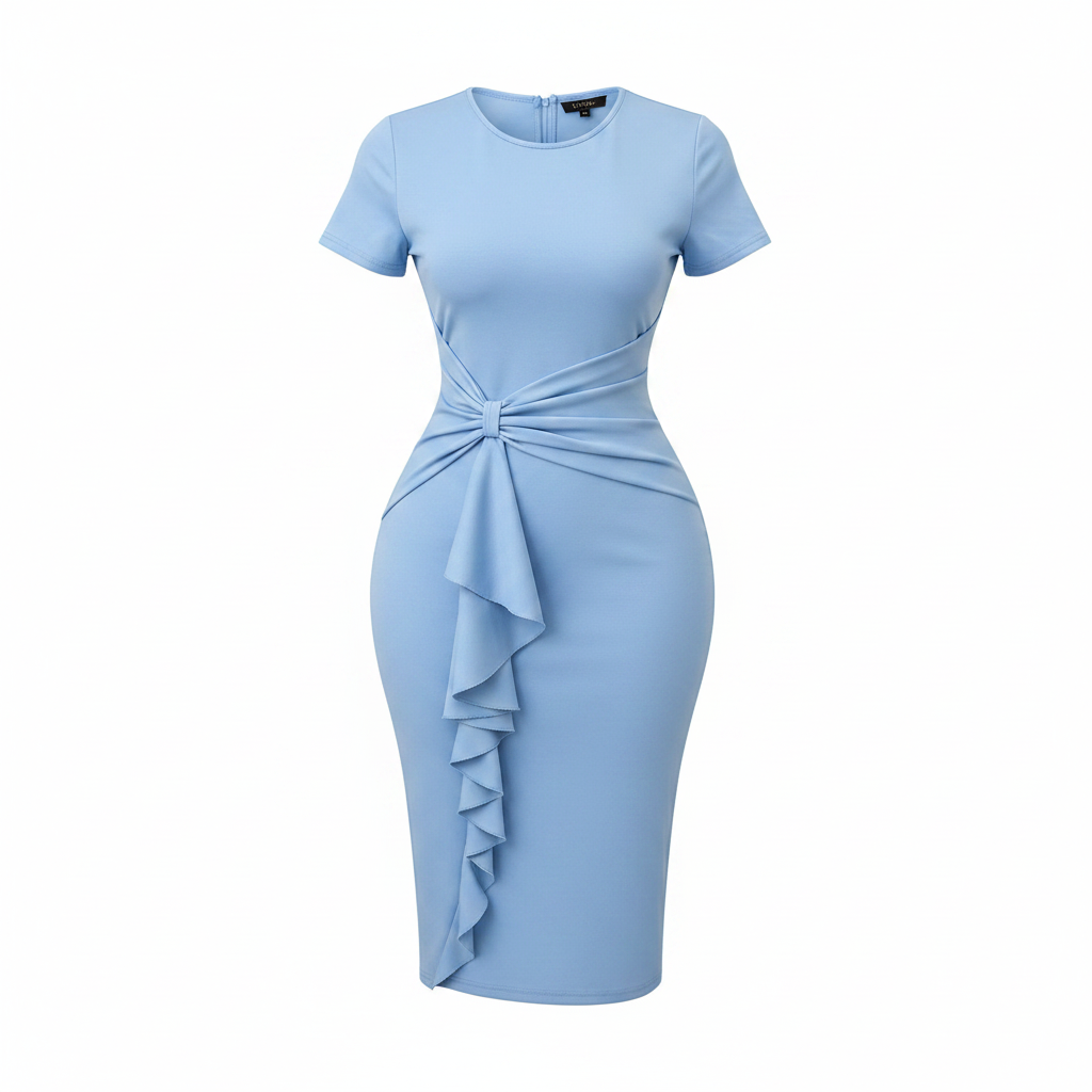 Women's Sky Blue Ruffle Knot Bodycon Midi Dress – Ghost Mannequin Front View