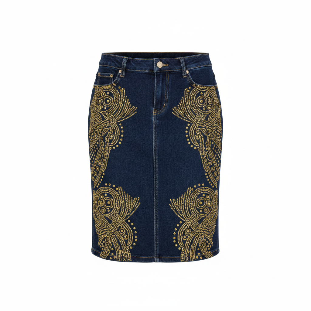 Ghost mannequin view of Women's Navy Blue Rhinestone Embellished Denim Midi Skirt