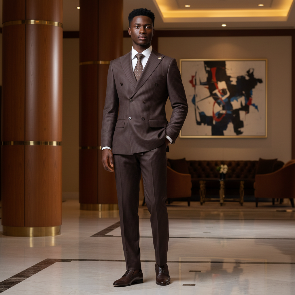 Young Nigerian male model wearing chocolate brown pinstripe double-breasted suit full body square