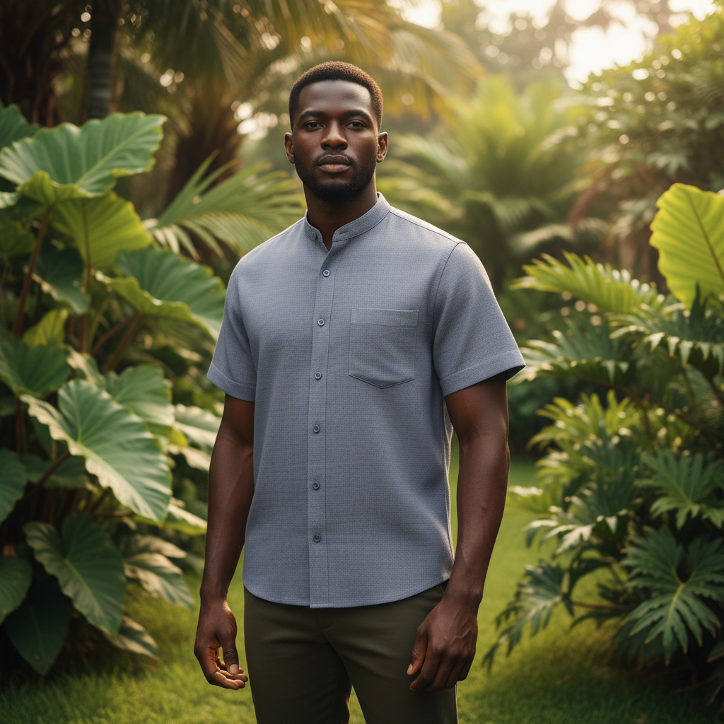 Nigerian model wearing Steel Grey Mandarin Collar Shirt – Front View