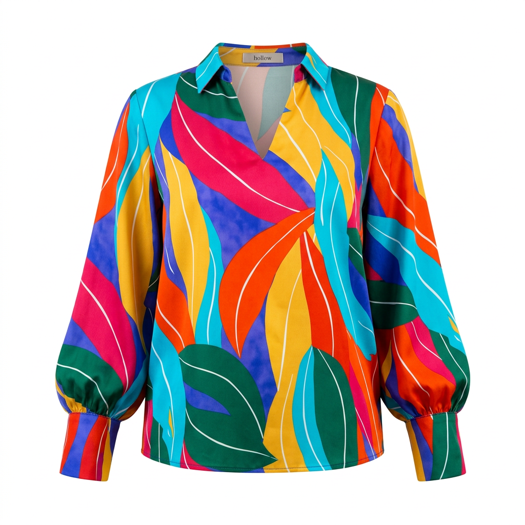 Multicolour abstract-print collared balloon-sleeve blouse on an invisible mannequin
