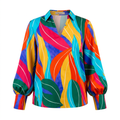 Multicolour abstract-print collared balloon-sleeve blouse on an invisible mannequin