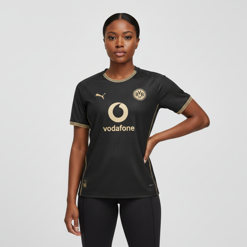 Nigerian female model wearing Borussia Dortmund away black gold jersey