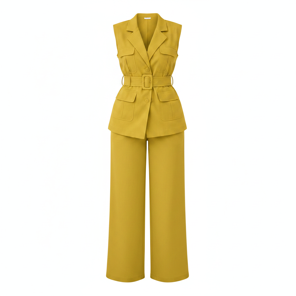 Women's sleeveless belted blazer vest co-ord set in yellow – ghost mannequin front view