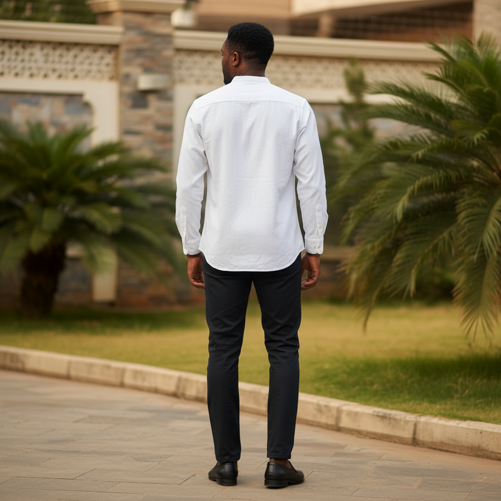 Nigerian male model wearing White Mandarin Collar Shirt back view
