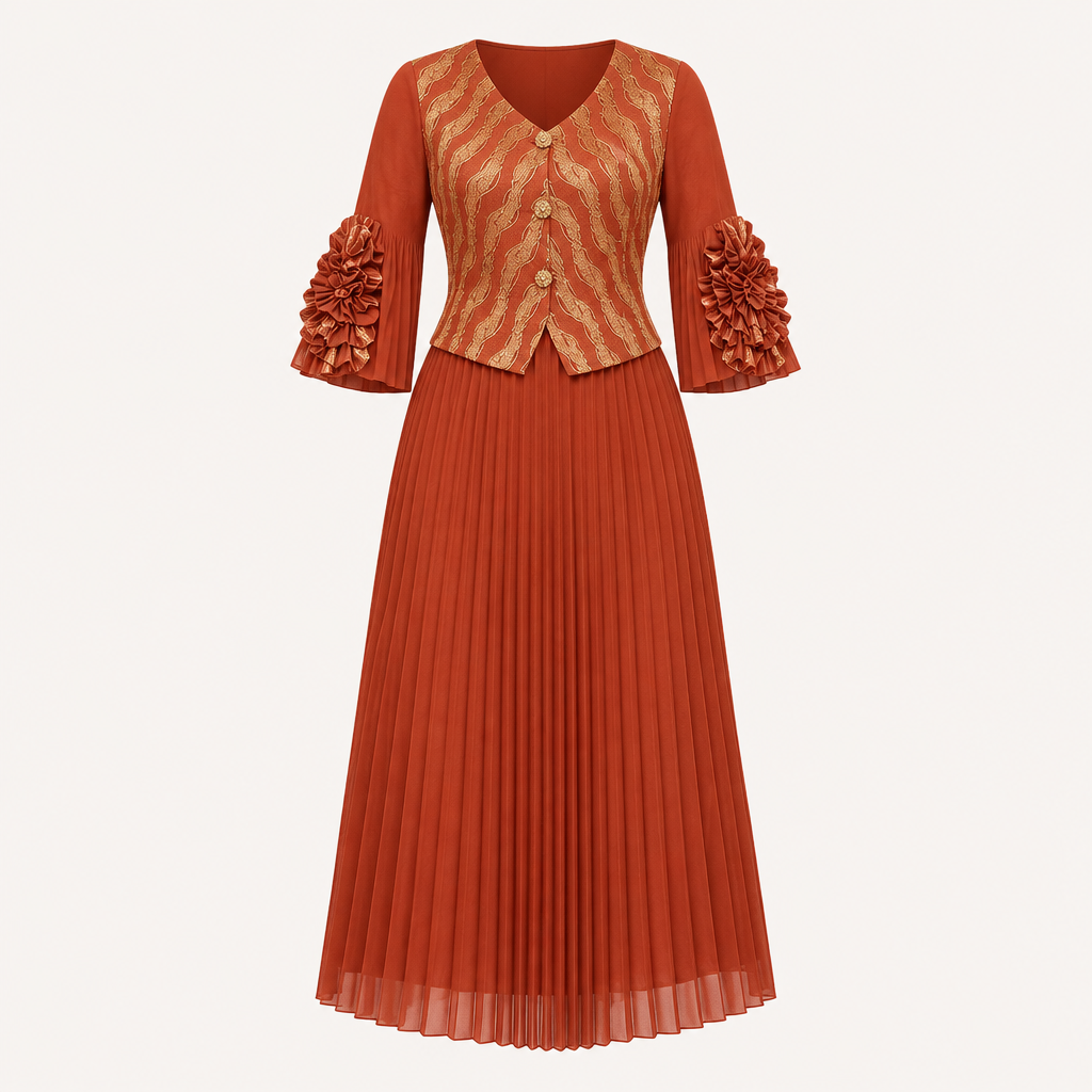Terracotta gold patterned pleated dress on invisible mannequin