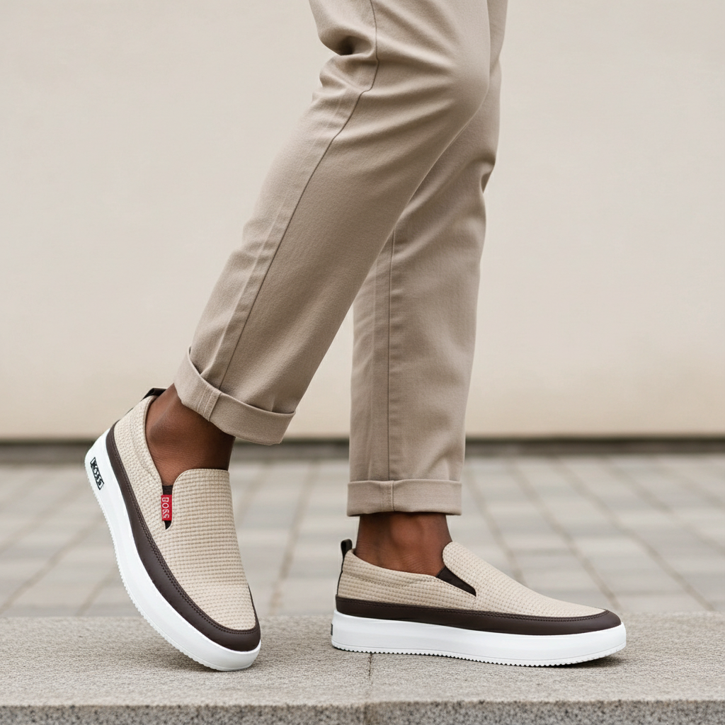 Men's Beige Woven-Texture Slip-On Sneaker – Leg Focus Model Shot