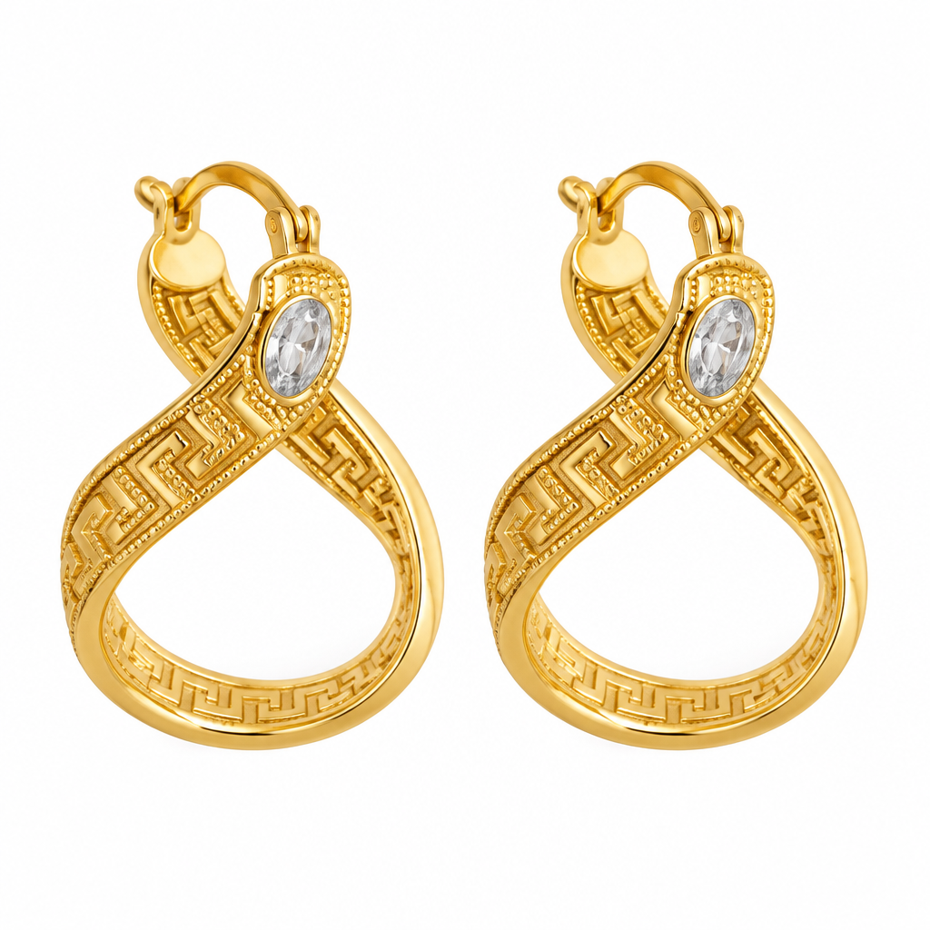 Gold Greek Key Teardrop Hoop Earrings – Catalog Shot