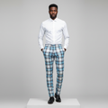 White Aqua Blue Tartan Trousers – Front Model