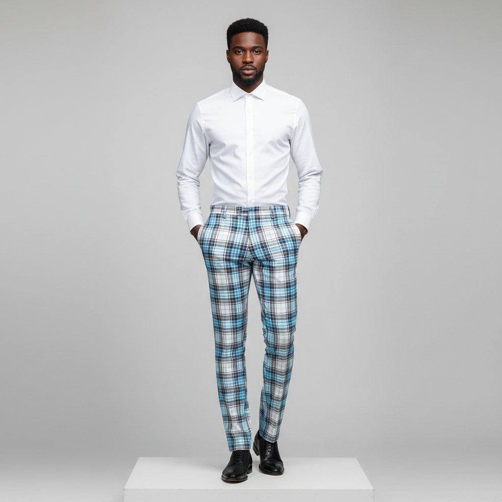 White Aqua Blue Tartan Trousers – Front Model