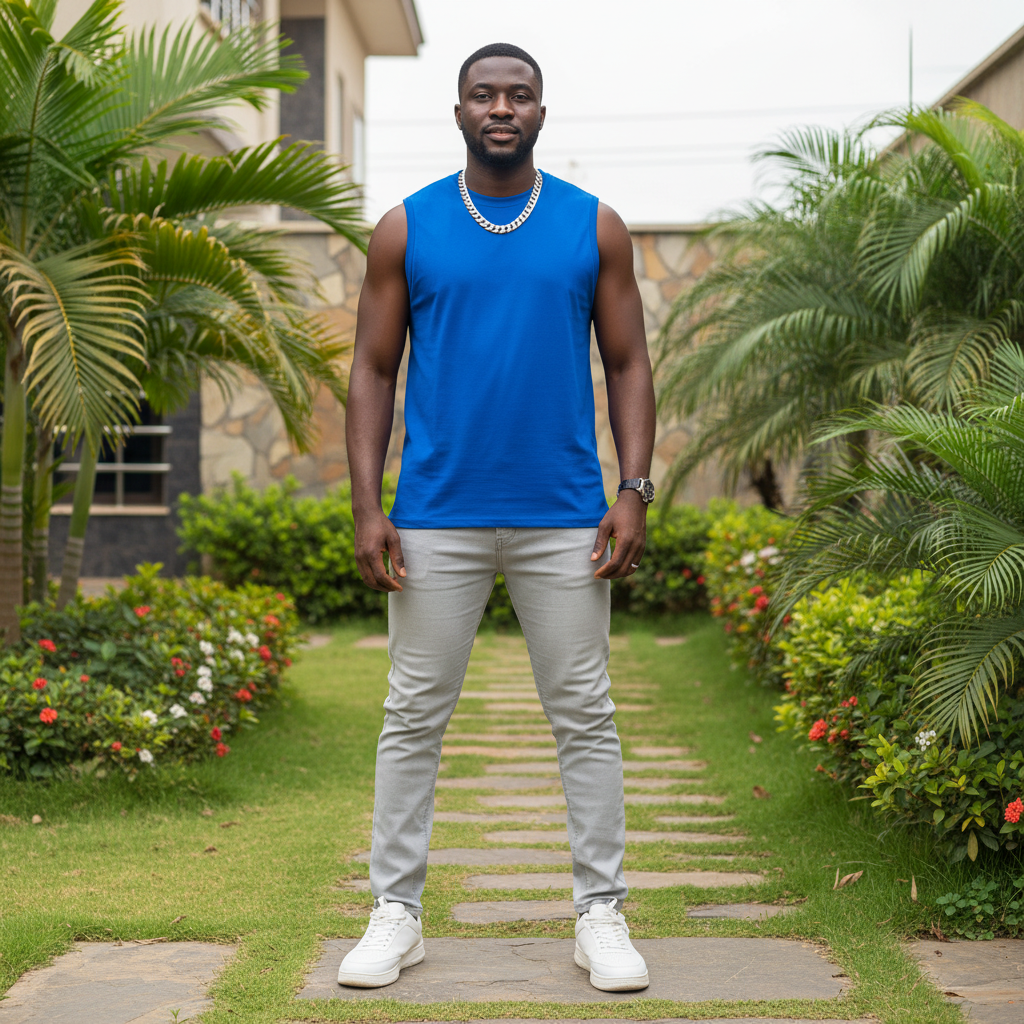 Nigerian male model wearing royal blue sleeveless vest in outdoor setting
