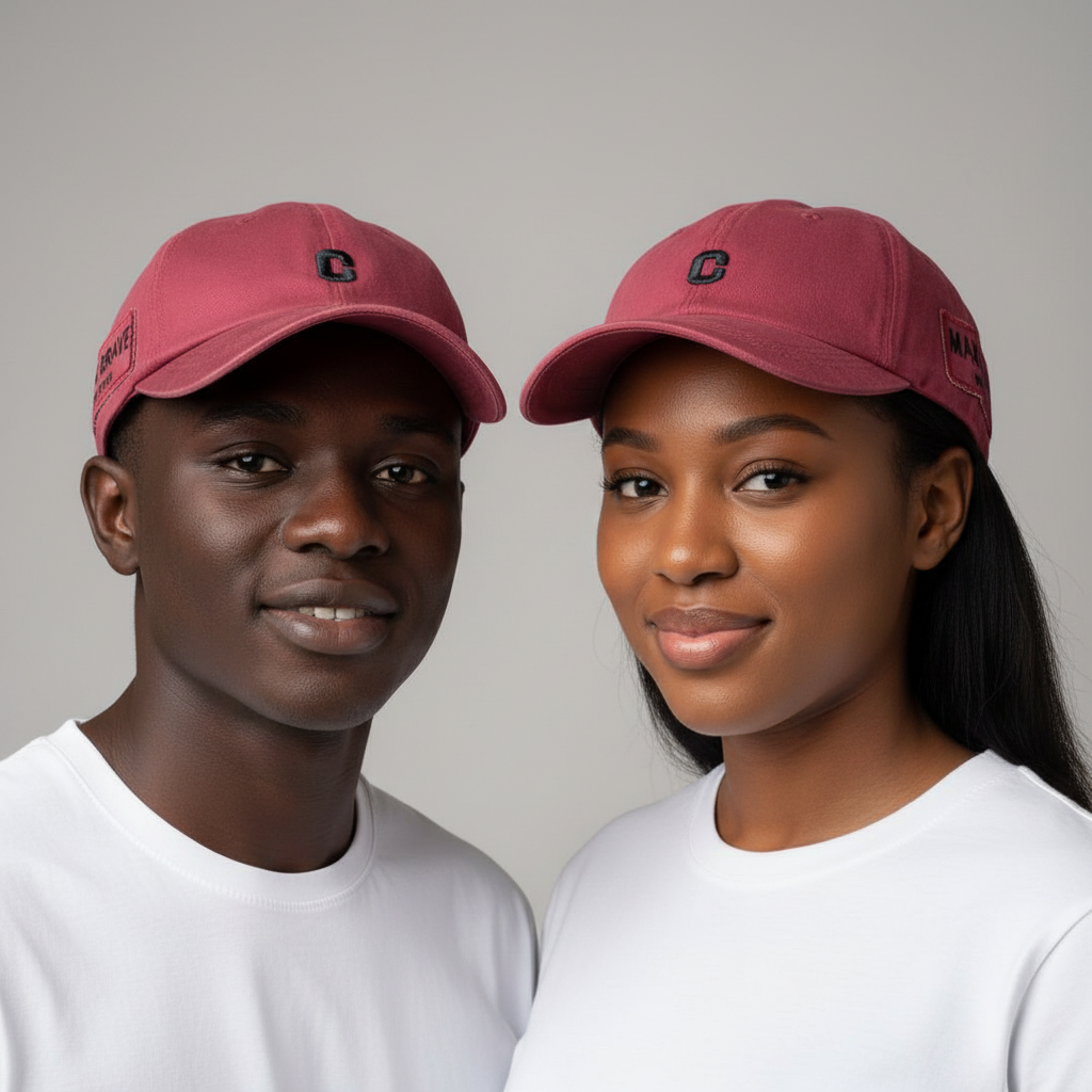 Nigerian male and female models wearing dusty maroon Make A Brave woven patch dad cap