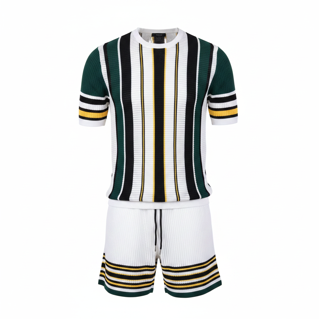 Ghost mannequin view of Men's White Vertical Striped Knit Co-Ord Set