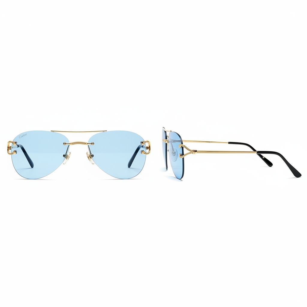 Unisex rimless aviator sunglasses solid light blue ice blue lens slim gold ornate double-bar bridge black acetate tip temple arms – front and side view