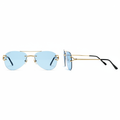 Unisex rimless aviator sunglasses solid light blue ice blue lens slim gold ornate double-bar bridge black acetate tip temple arms – front and side view