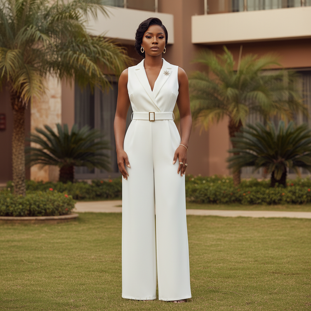 White Sleeveless Wide-Leg Belted Jumpsuit - Front Model View