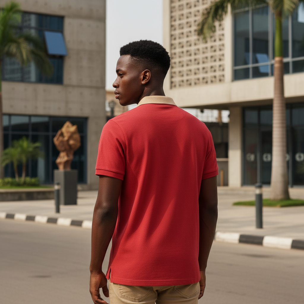 Young Nigerian male model wearing red graphic polo shirt, back view, Nigerian urban background