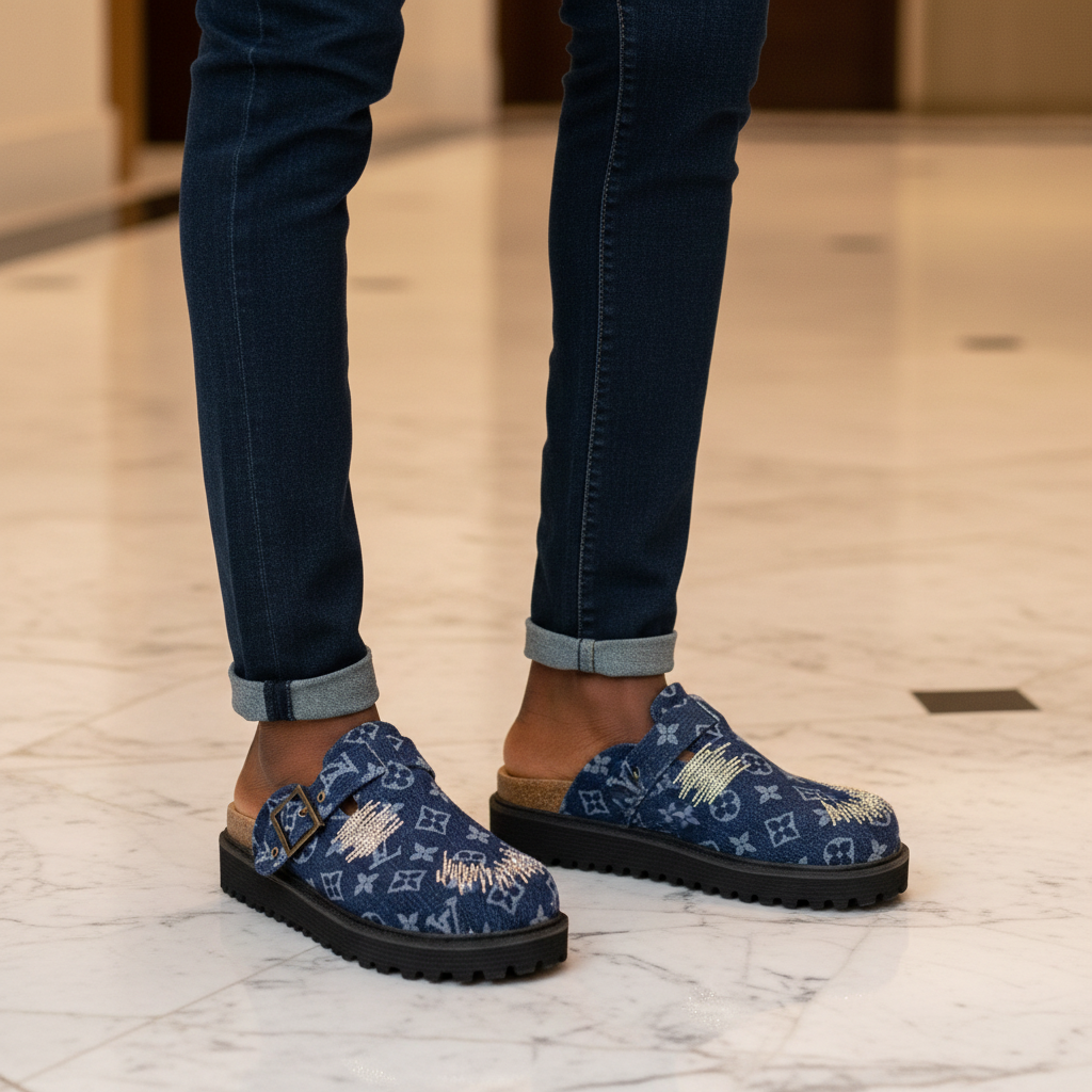 Nigerian male model wearing denim blue monogram canvas rhinestone toe mule clogs, tight zoomed-in luxury streetwear leg focus lifestyle shot