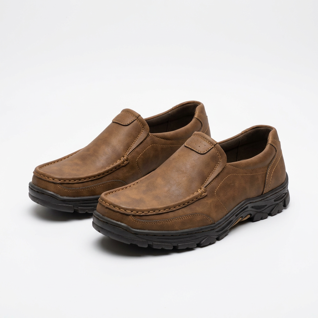 Brown stitched slip-on shoe pair with black lug soles