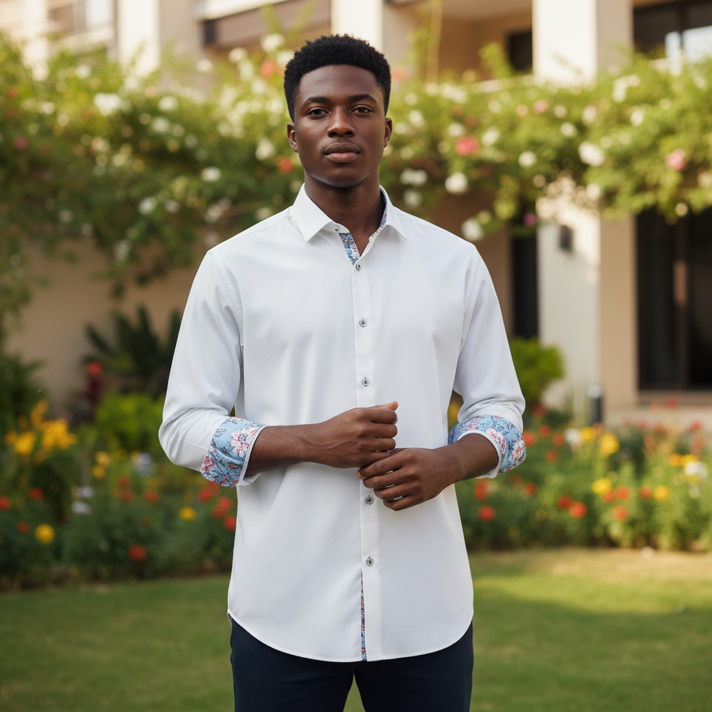 Young Nigerian male wearing crisp white long sleeve dress shirt with floral contrast inner cuffs and collar
