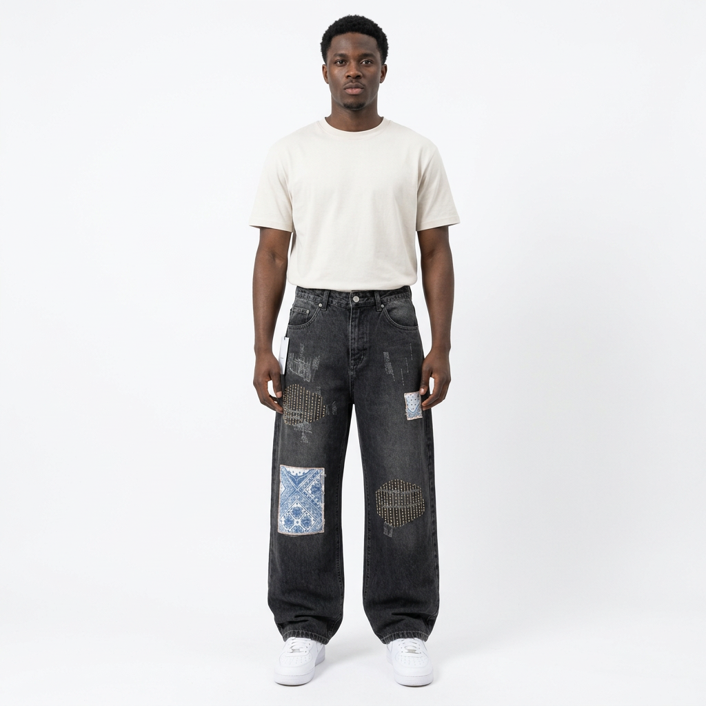 Full-body Black adult male model wearing charcoal patchwork wide-leg jeans