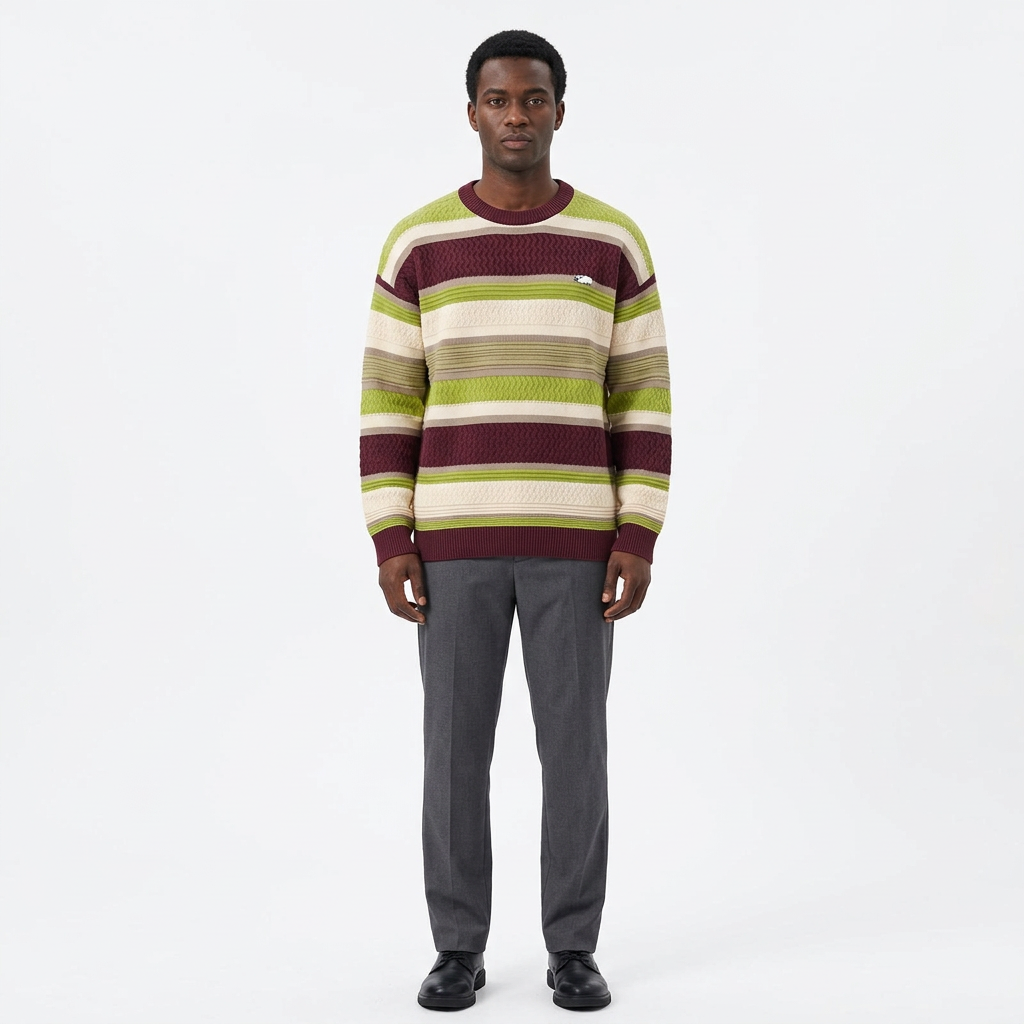 Full-body male model wearing a burgundy lime-green and cream striped knit sweater