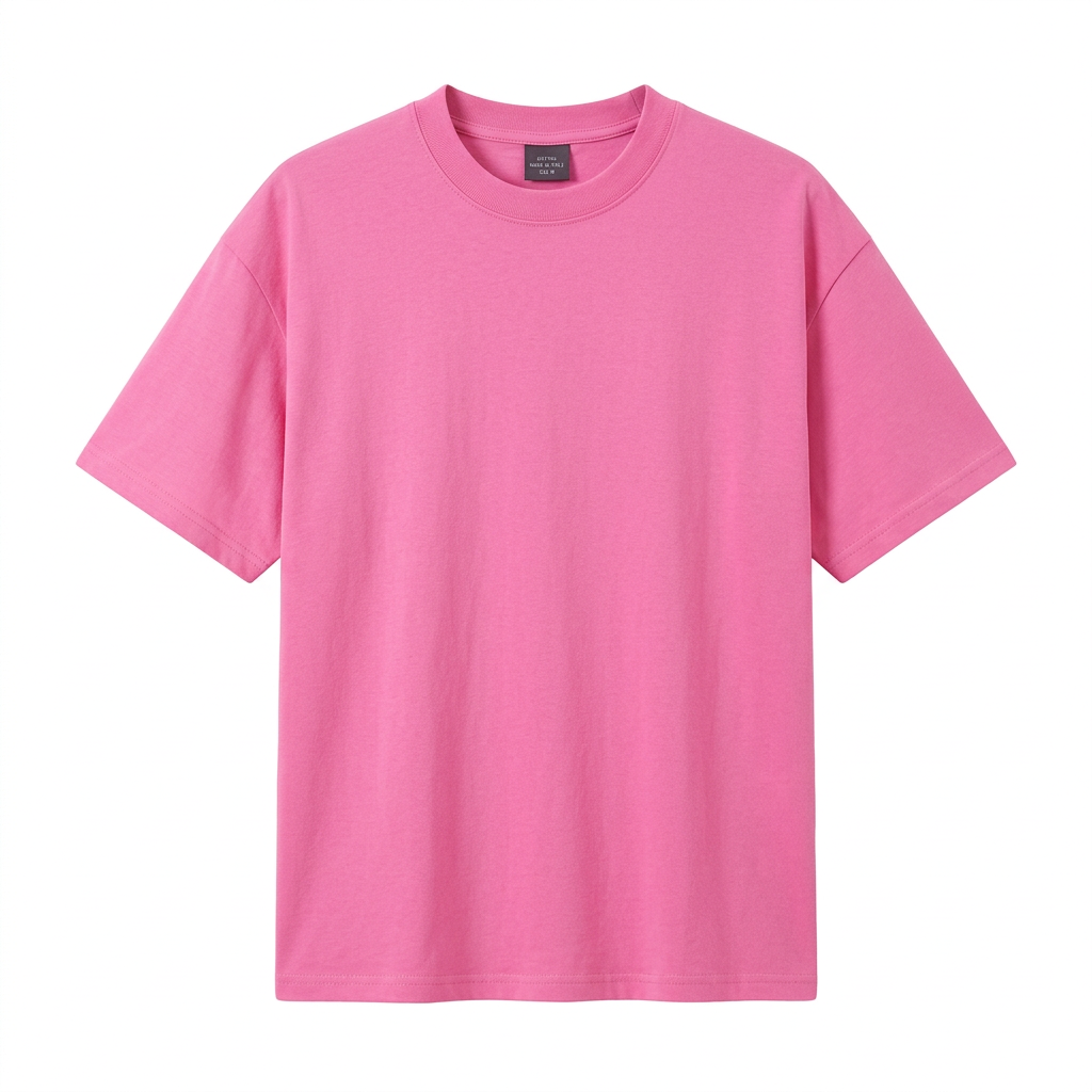 Plain bright-pink crew-neck T-shirt on an invisible mannequin