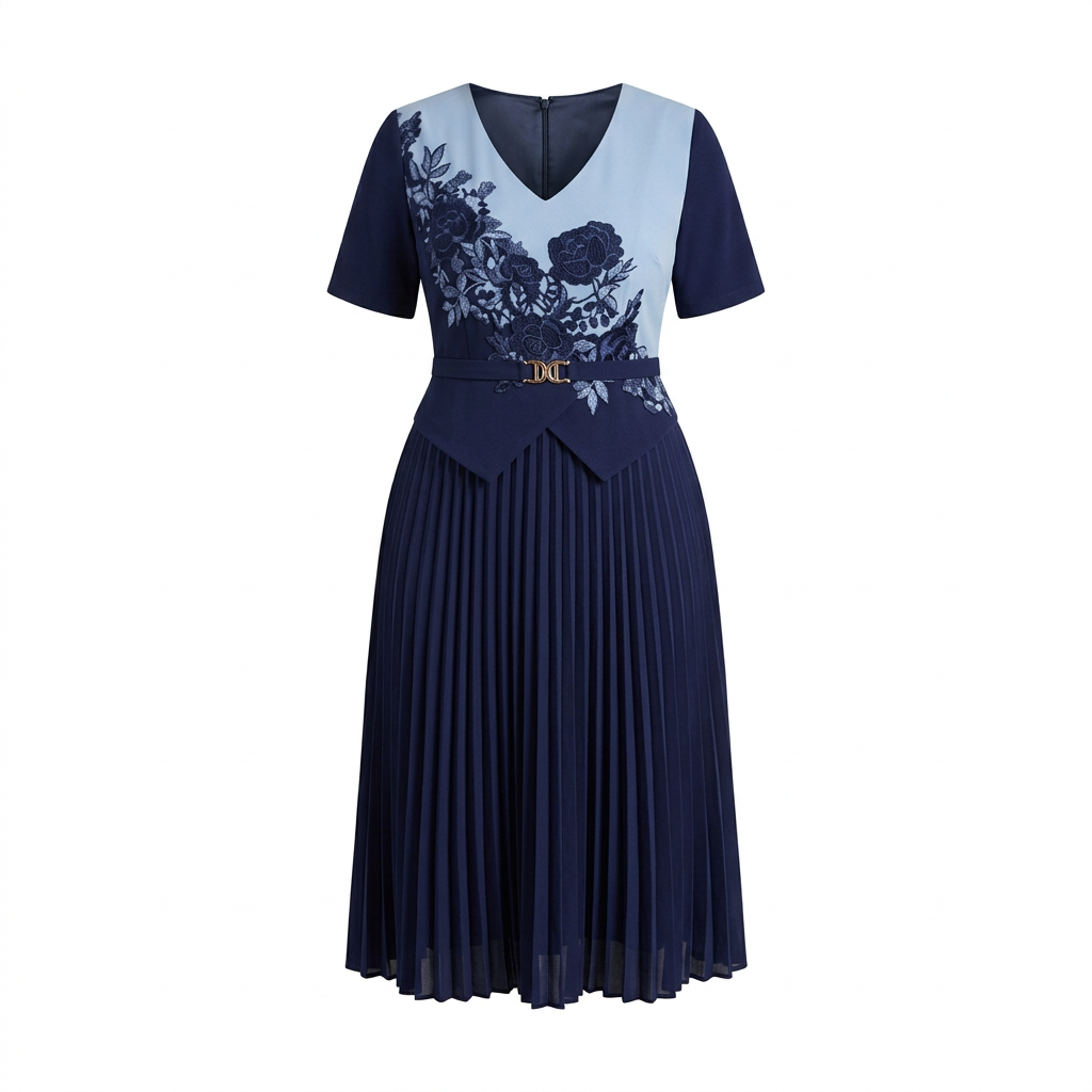 Navy pleated midi dress with light-blue floral panel on invisible mannequin against plain white background