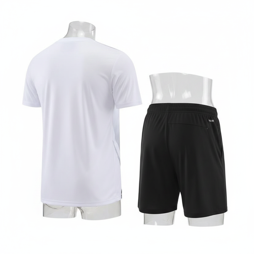 Ghost mannequin back view of white and black sports jersey set