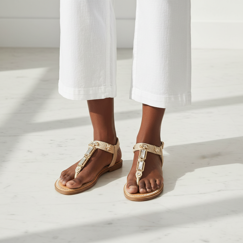 Women's Geometric Gem T-Strap Flat Thong Sandal - Beige Model Editorial Leg Zoom