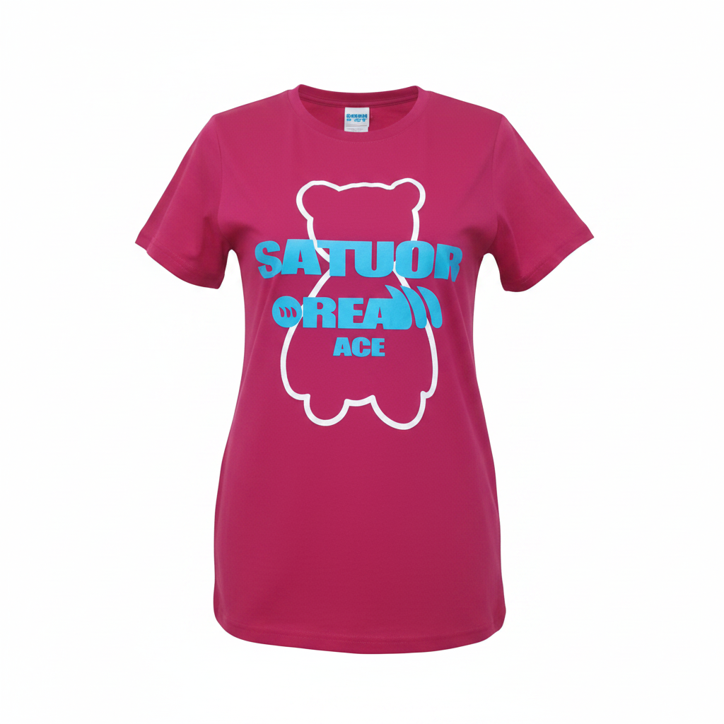 Women's hot pink bear outline cyan text graphic crew neck tee - ghost mannequin front view