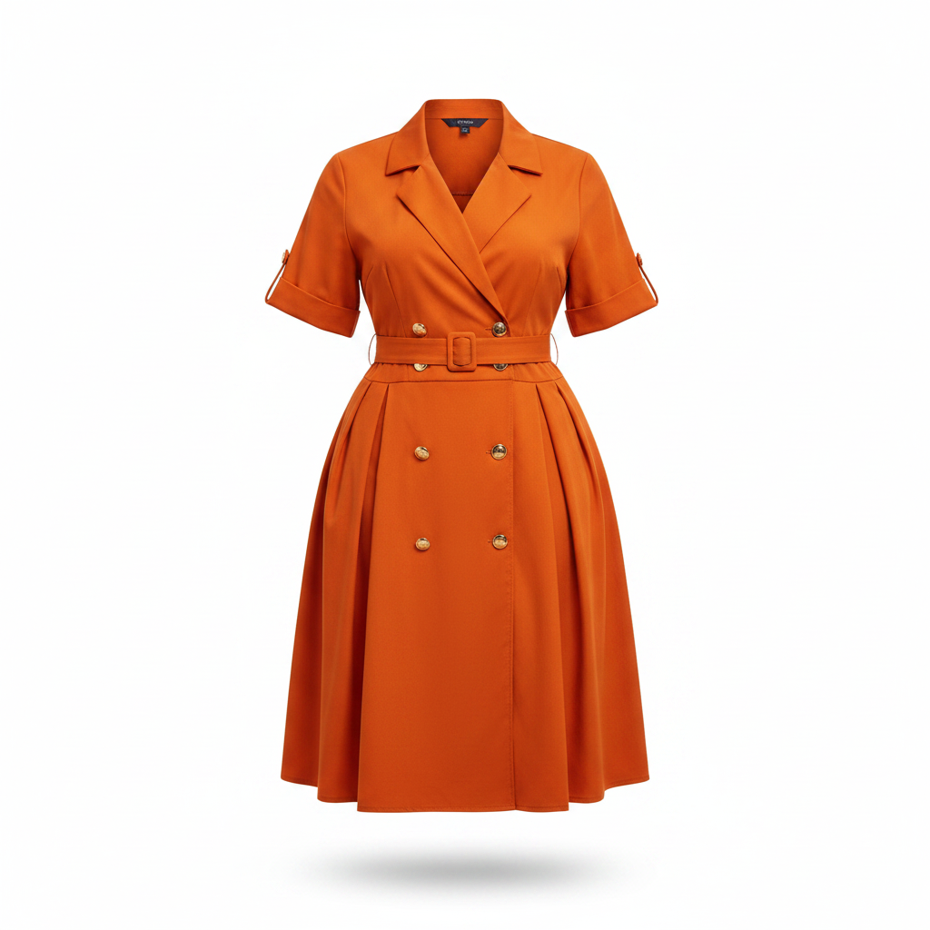Women's orange double-breasted midi shirt dress – ghost mannequin view